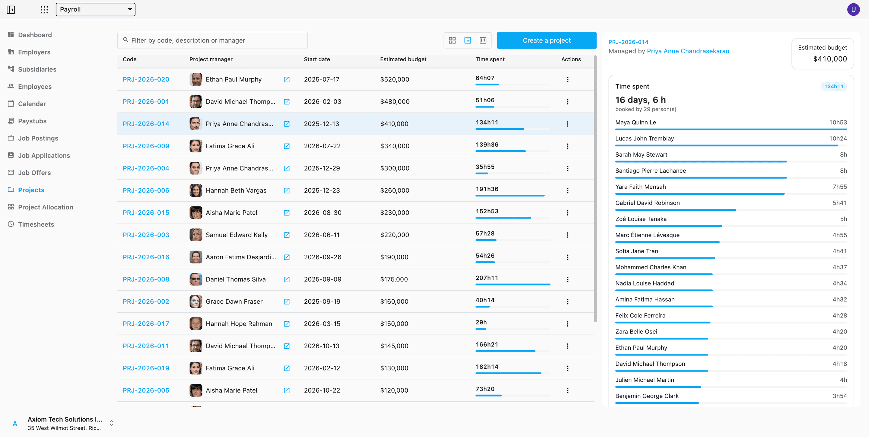 The project list and project form