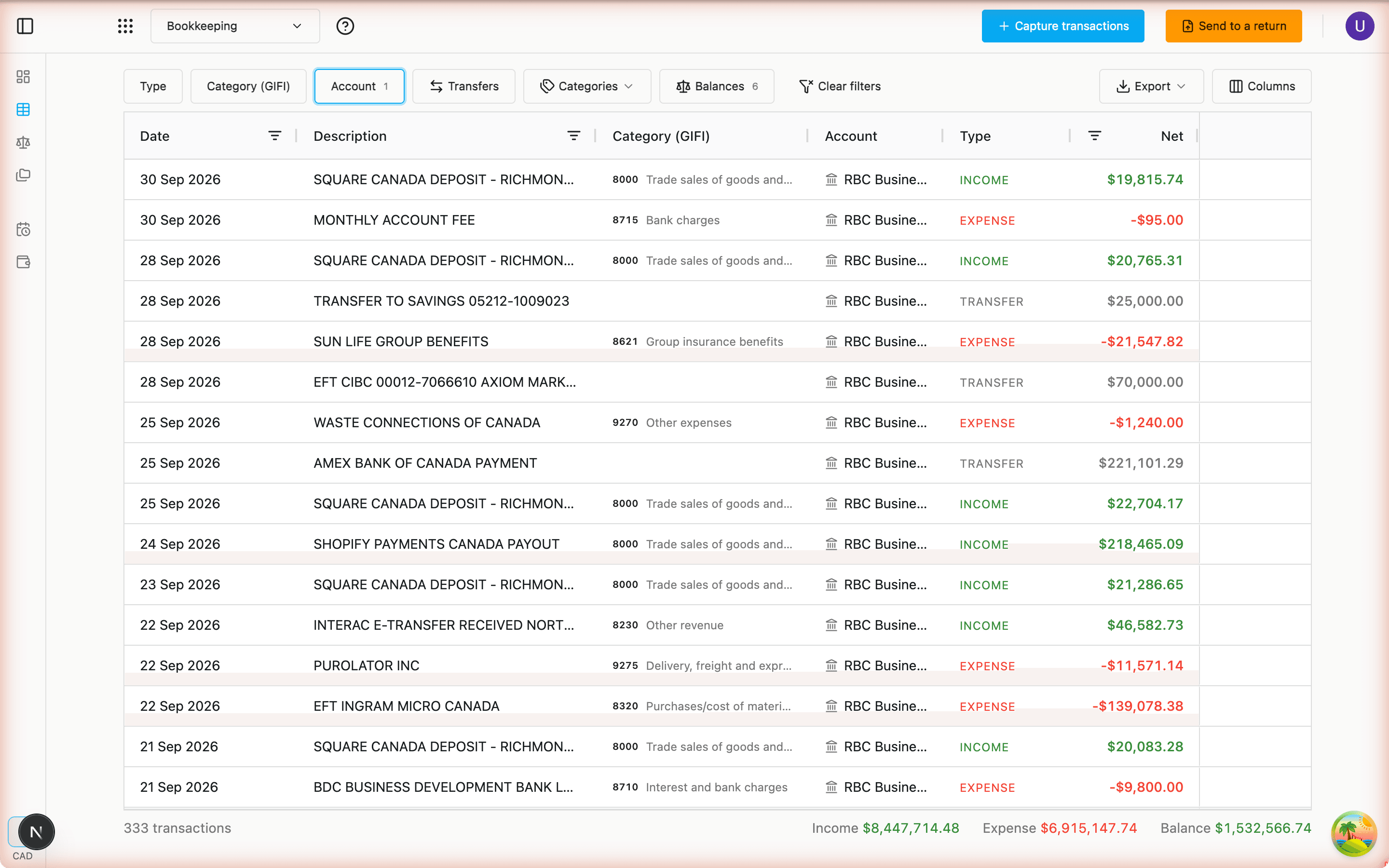 The transactions register