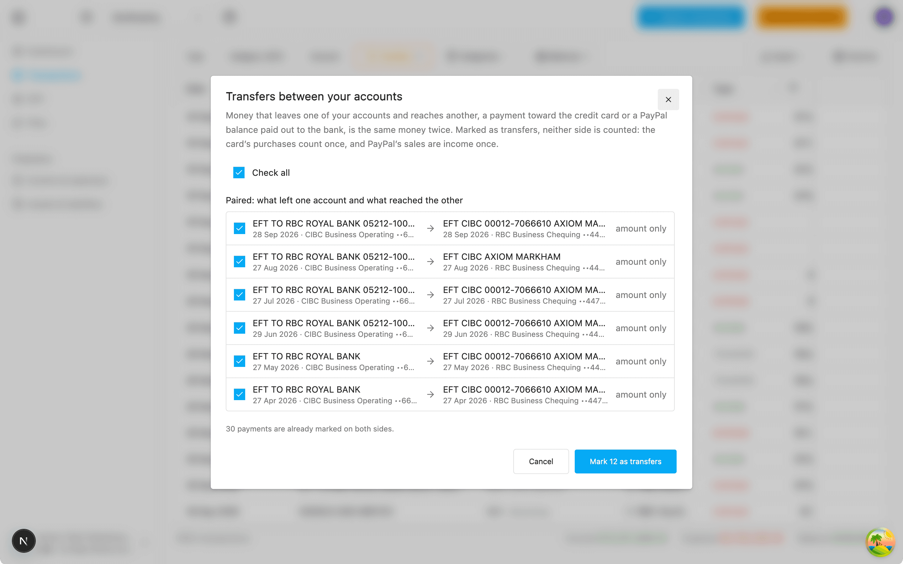 The Transfers dialog