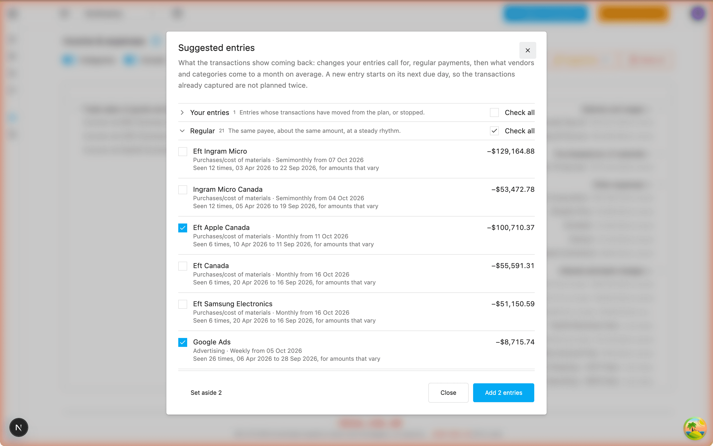 Income & expenses with Actuals on