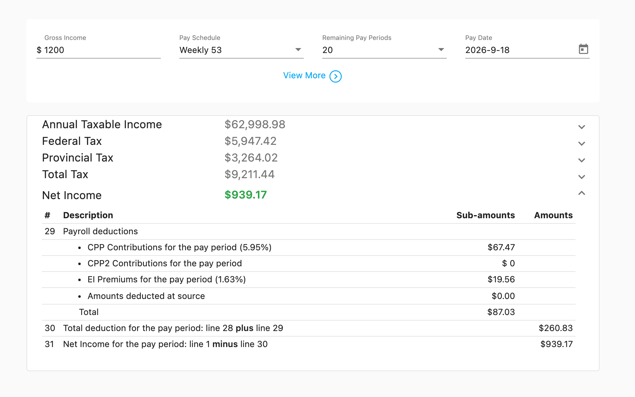 Income and pay-period inputs beside the deduction totals